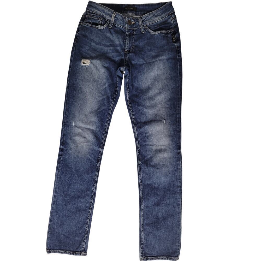 Silver Jeans Suki Straight Dark Distressed Indigo Stretch 26W/32L